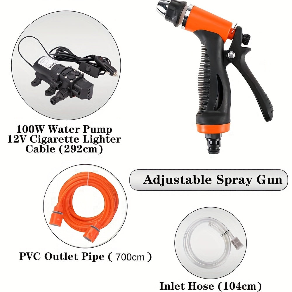 Portable Intelligent Electric High-Pressure Cleaning Water Pump 70w 160 Psi 12v Portable Pressure Strong Cleaning Kit With 276 Inch Pvc Hose, Suitable For Home, Car, Garden, (Car Mounted Cigarette Lighter Interface)
