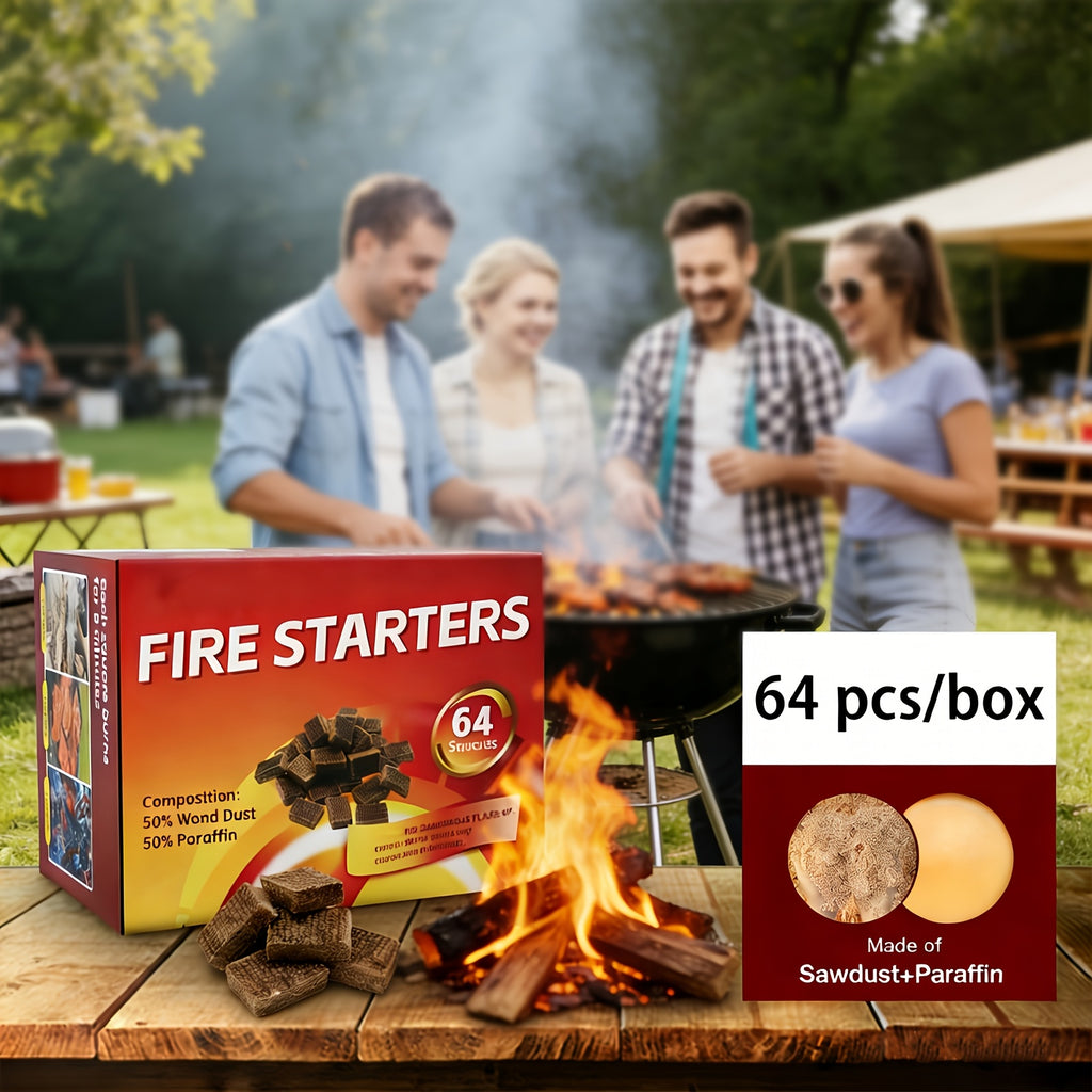 64-Pack Fire Starter Squares - Odorless, Fire Starters for Fireplace, Grill, Camping & Wood Stove - Safe, Long-Lasting Ignition for Any Outdoor Fire