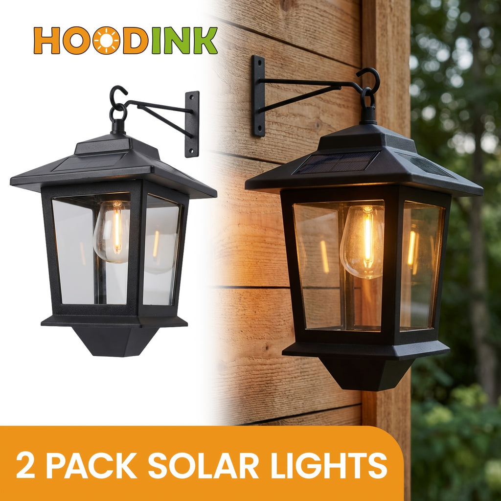 2 Pack Solar Wall Lanterns | Outdoor Hanging Solar Lights with 4 Solar Panels, Dusk to Dawn LED, Anti-Rust, 3000K Warm White, Metal Material