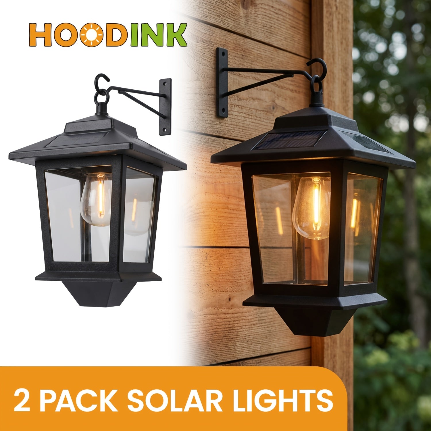2 Pack Solar Wall Lanterns | Outdoor Hanging Solar Lights with 4 Solar Panels, Dusk to Dawn LED, Anti-Rust, 3000K Warm White, Metal Material