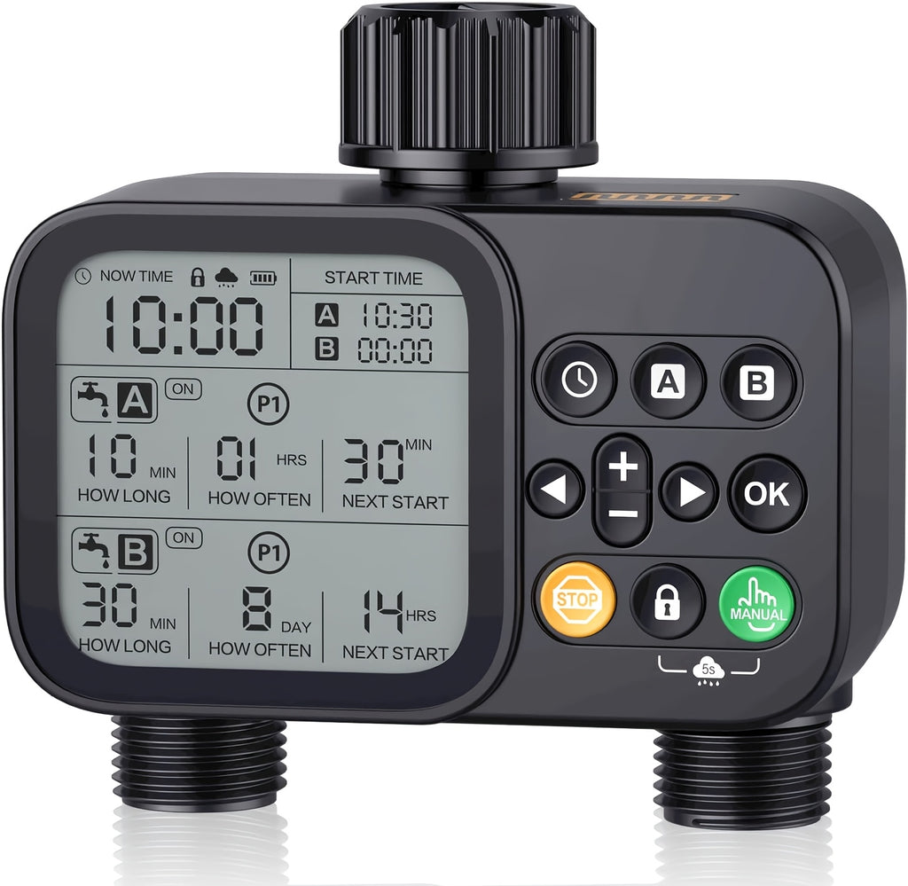 Garden Hose Watering Timer - Water Timer with 2 Outlets - Rain Delay/Manual Watering/Automatic Irrigation Control System Hose Timer for Plants, Gardens, Lawns and Outdoors Programmable Faucet Timer
