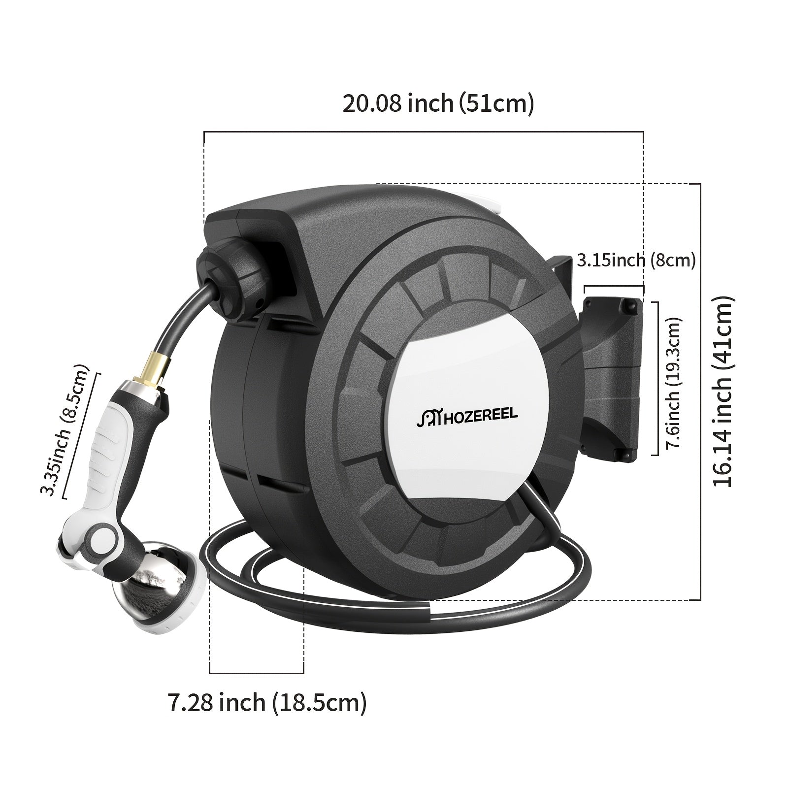 100ft X 1/2" Retractable Garden Hose Reel, Decorative Outdoor Garden Hose Reels - Automatic Self Retract Wall Mount Hose Reel Enclosed Storage, Any Length Lock, 10Pattern Nozzle-Black & White