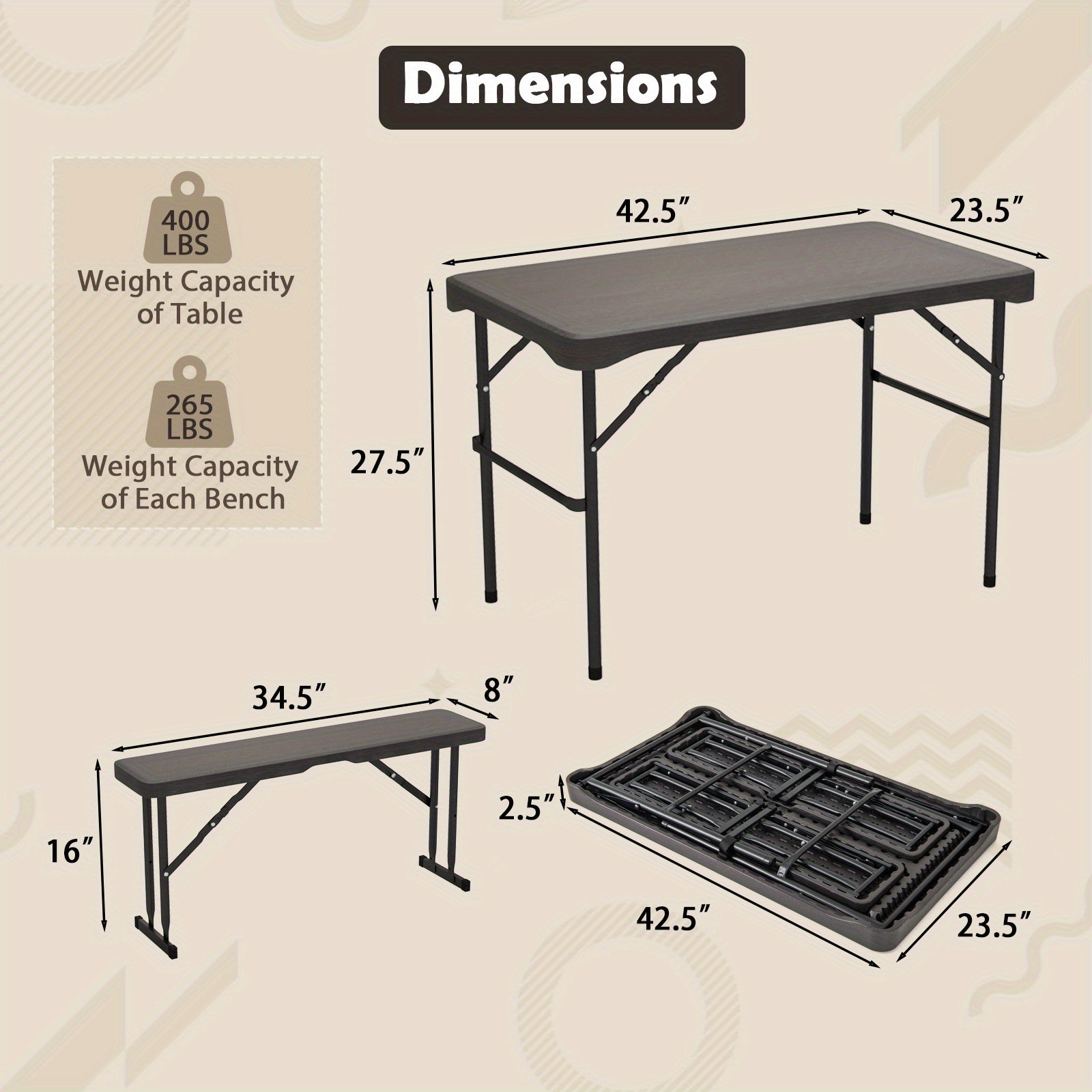 LIFEZEAL Outdoor Table And Bench Set, Portable Picnic Table Set with Two Benches, Durable HDPE Tabletop for All Weather, Robust Metal Frame, Spacious Picnic Table for Four People Non-Food Direct Contact