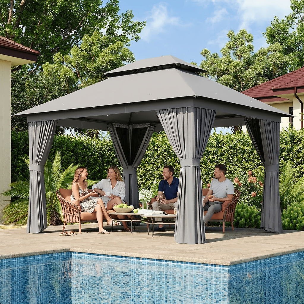 10'x12'/10'x10'/8'x8' Outdoor Gazebo & Pergola for Patio - Double Roof Steel Canopy with Mosquito Net And Privacy Screen, Heavy Duty Party Tent Shelter for Backyard, Lawn, Garden, All-Weather Gazebos with Patio Cover (Grey/Beige/Blue)