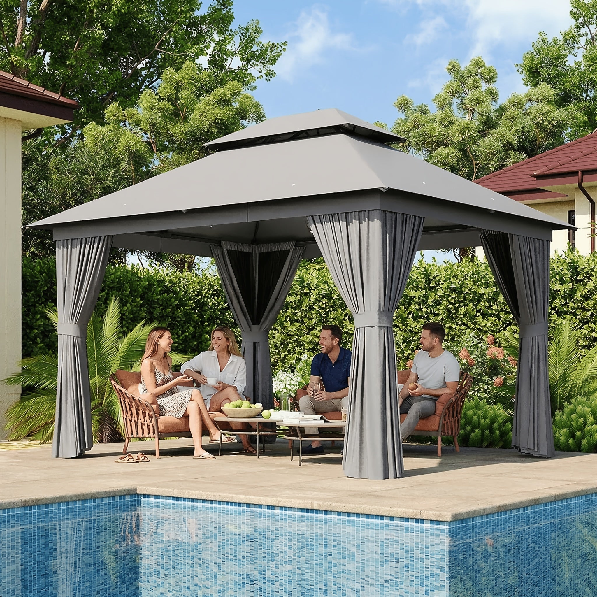 10'x12'/10'x10'/8'x8' Outdoor Gazebo & Pergola for Patio - Double Roof Steel Canopy with Mosquito Net And Privacy Screen, Heavy Duty Party Tent Shelter for Backyard, Lawn, Garden, All-Weather Gazebos with Patio Cover (Grey/Beige/Blue)
