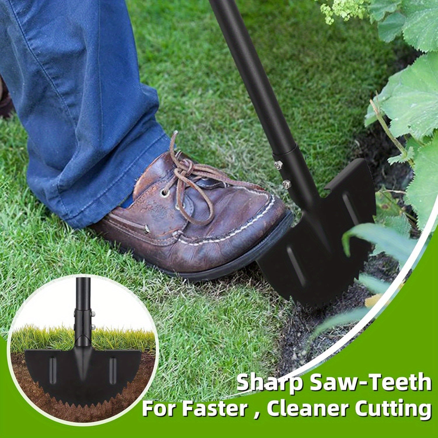 Lawn Edger Tool, Adjustable 34-42 Inch Half Moon Manual Garden Edger Lawn Tool, Heavy Duty Saw Tooth, T-Grip, Long Handle for Driveway, Sidewalk, Flower Bed, Landscaping Grass Step Edging Tool