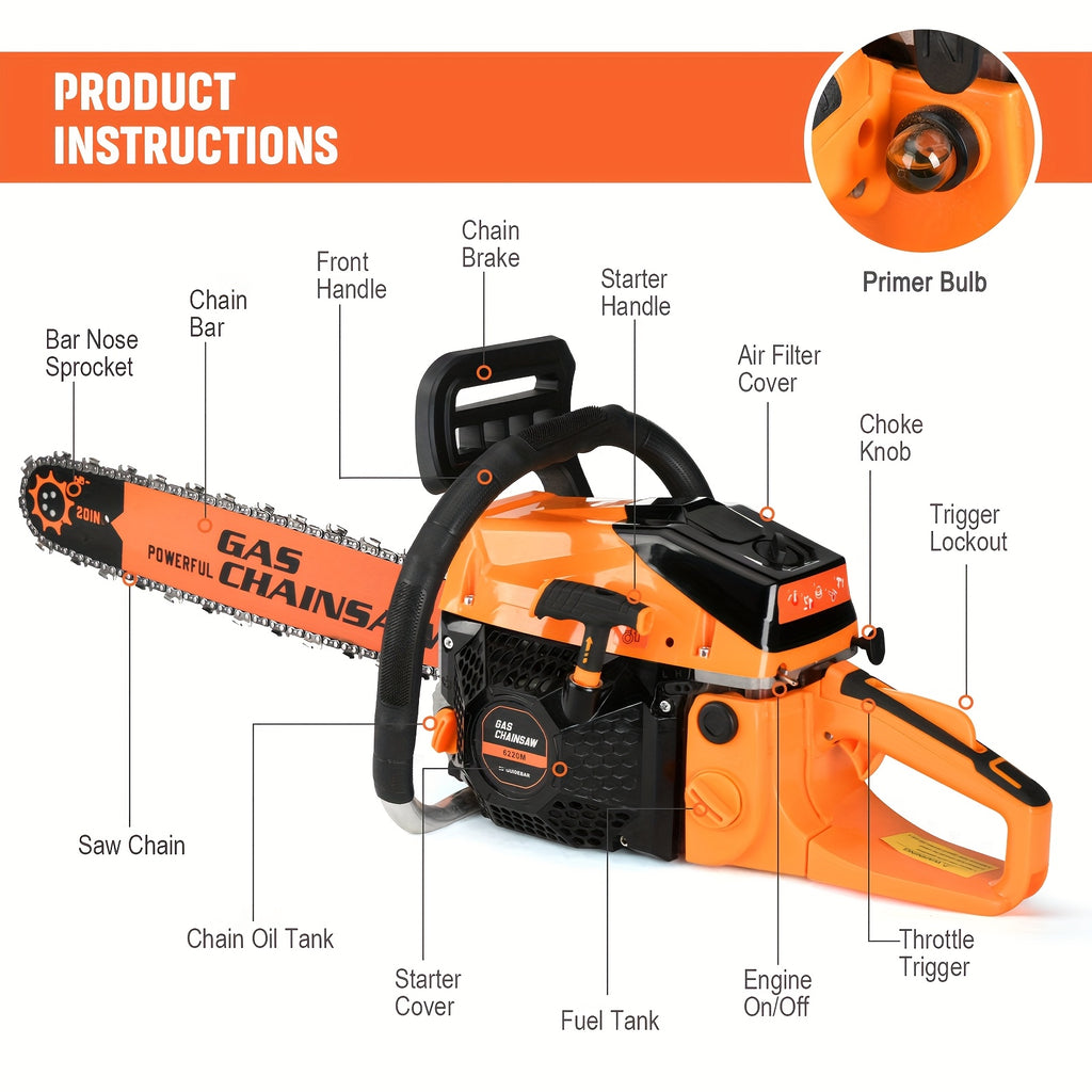 62/63cc Gasoline Chainsaw - Features a Powerful Two-stroke Engine, 20-inch Cordless Handheld Gasoline Chainsaw, Highly Efficient. Suitable for Tree Felling, Tree Limb Clearing, Farm Work, and Gardening Use. Ideal as a Family Gift