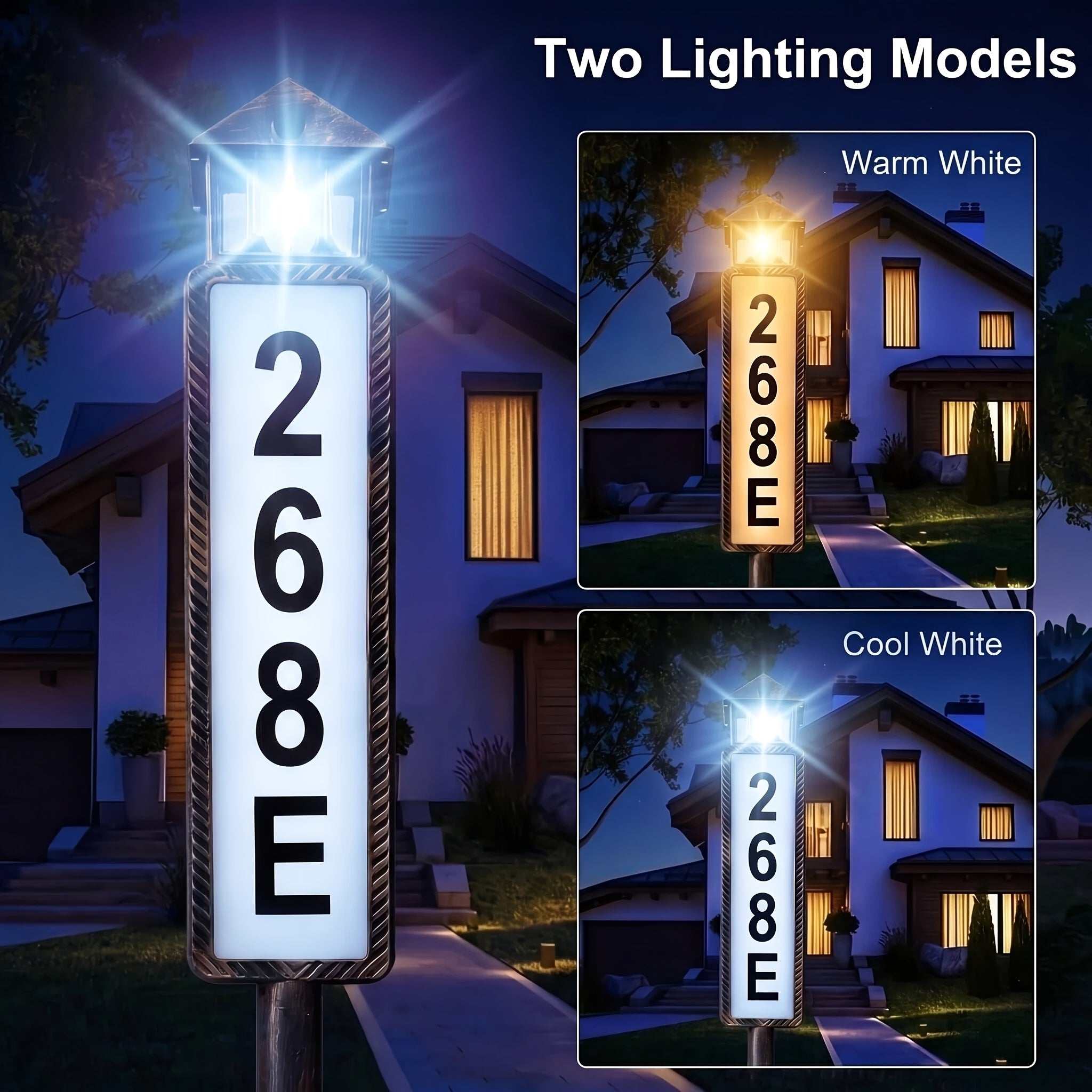 Solar Powered Address Sign with 3 Color Modes, IP44 LED Illuminated House Numbers for Outside, Yard, Apartment, Street - Easy to Install