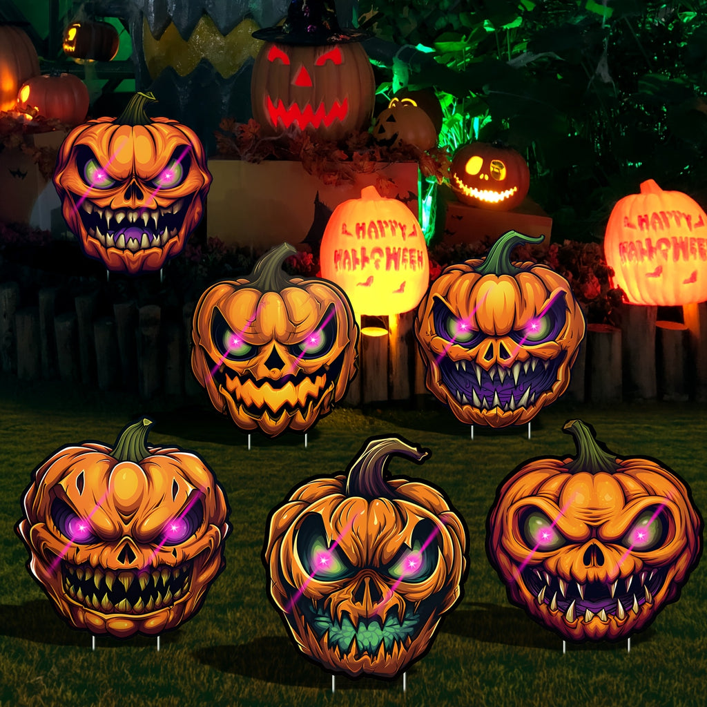 6-Pack Pumpkin Halloween Decorations Plastic Yard Signs with Stakes, Halloween Decorations for Outdoors, Scary Silhouette with Glow-In-Dark Eyes for Outdoor Yard Lawn Garden