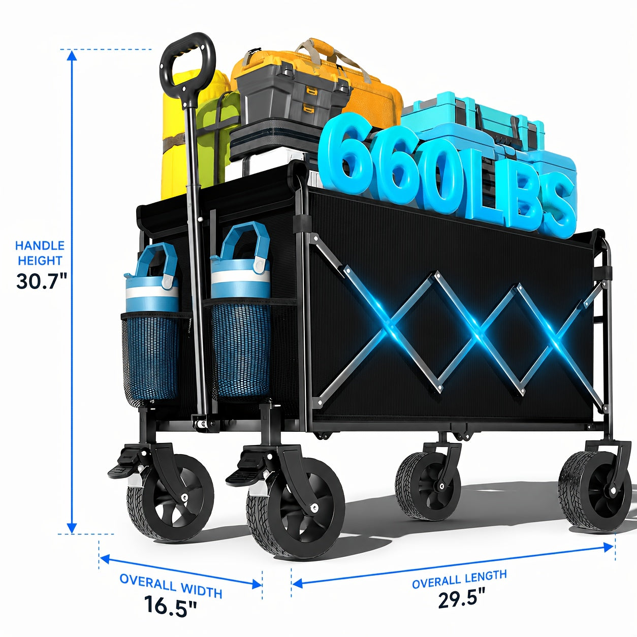 280/450//500/660LBS, All Terrain Heavy Duty Folding Cart, Large Capacity Camper Suitable For Yard Shopping/ Sports/ Outdoor/ Gardening Equipment Handling, Black Multifunctional Utility Car