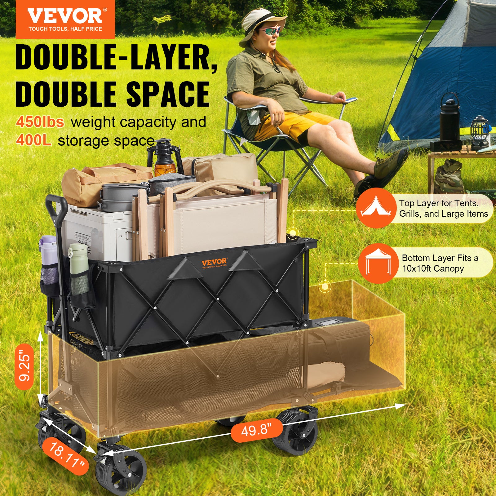 VEVOR 400L Large Collapsible Double Decker Wagon Cart, 50in-Long Extended Heavy Duty Beach Wagon with Big Wheels for Sand, 450lbs Capactiy Folding Wagon for Sports Grocery Camping Garden