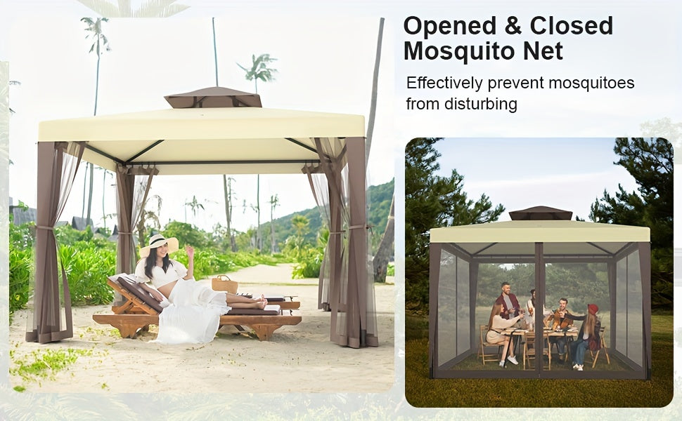 Outdoor Gazebo, 10x10 Patio Gazebo Waterproof Canopy Tent UV-Resistant 2-Tier Top Sturdy Canopy Tent for Camping with Mosquito Netting for Garden Patio Backyard