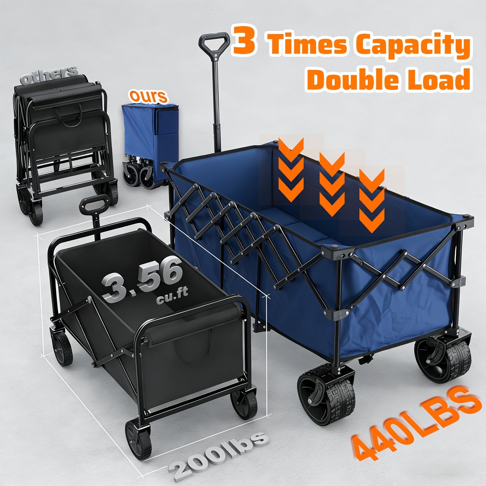 Collapsible Wagon Cart - 440Lbs Foldable Extra Long Heavy Duty Utility Wagon with Wheels, Portable Storage Grocery Cart for Camping, Shopping, Sports, Beach, Garden