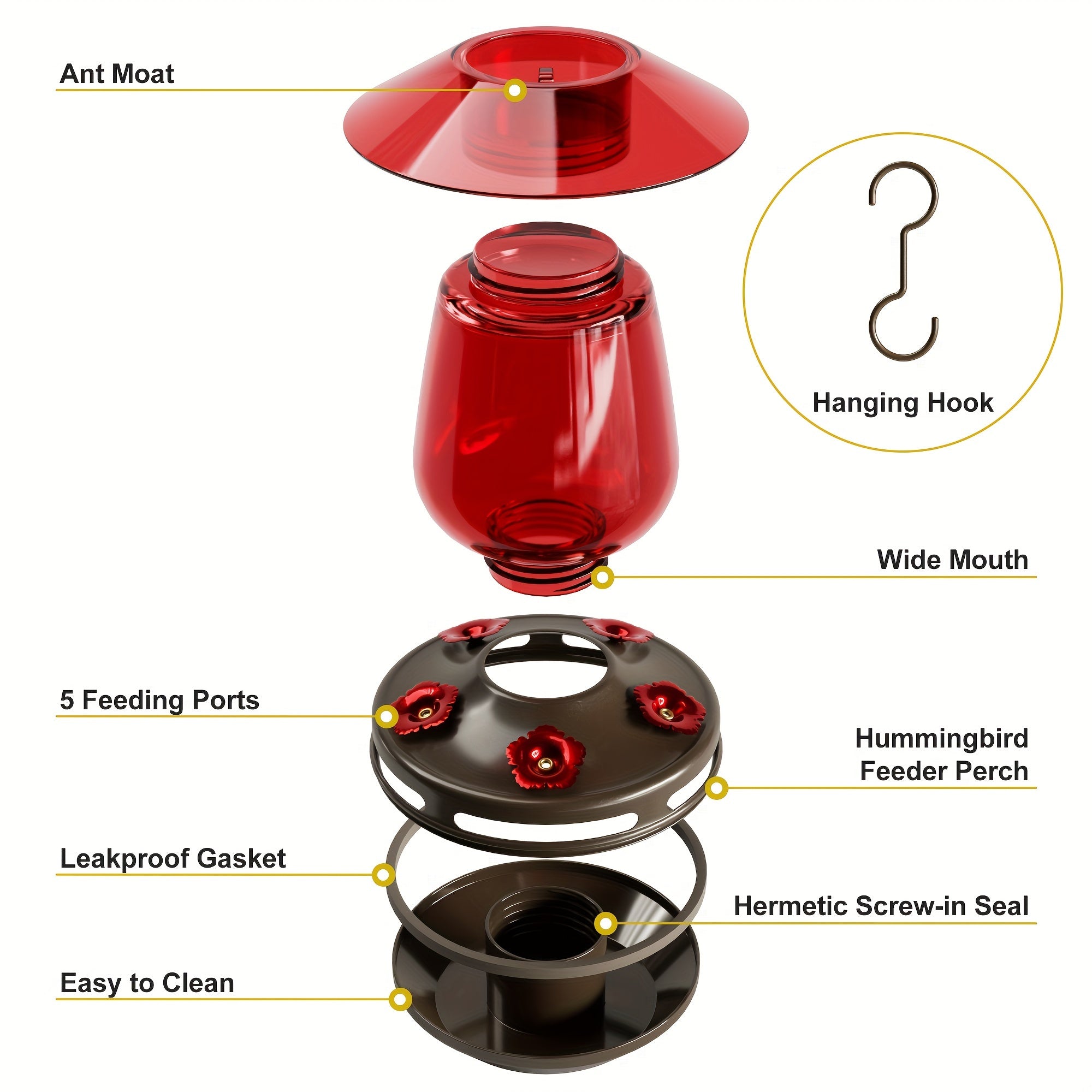 Auslar 16 Ounce Red Glass Hummingbird Feeder, Outdoor Hanging Barn Lantern Shape With 5 Flower Feeding Ports & Built-in Ant Moat, Rustproof & Leakproof - Garden Yard Decor Essential, Perfect Valentine'S Day & Mother'S Day Gift