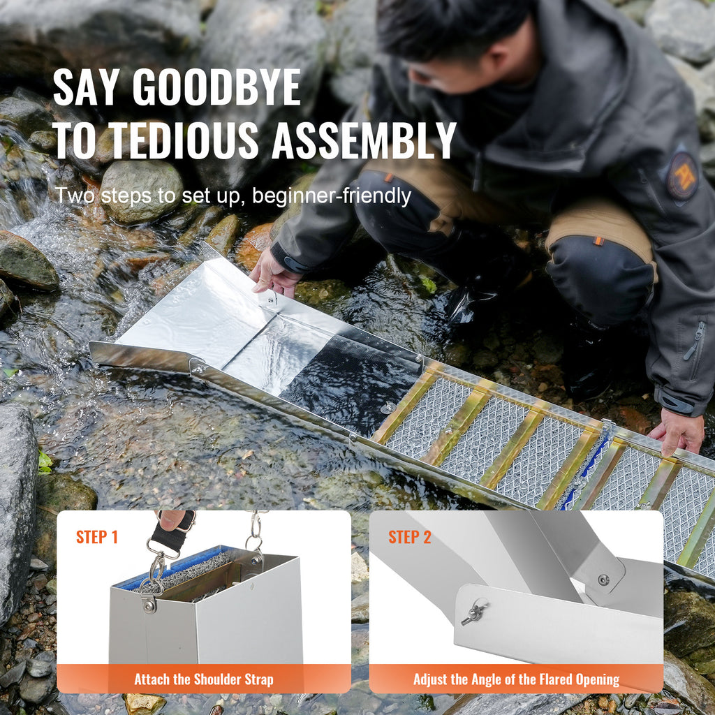 VEVOR Folding Sluice Box Gold Panning Kit, 50 Inch 23pc Gold Prospecting Equipment Kit with Gold Pan, Classifier Screen, Separating Magnet, Backpack and More