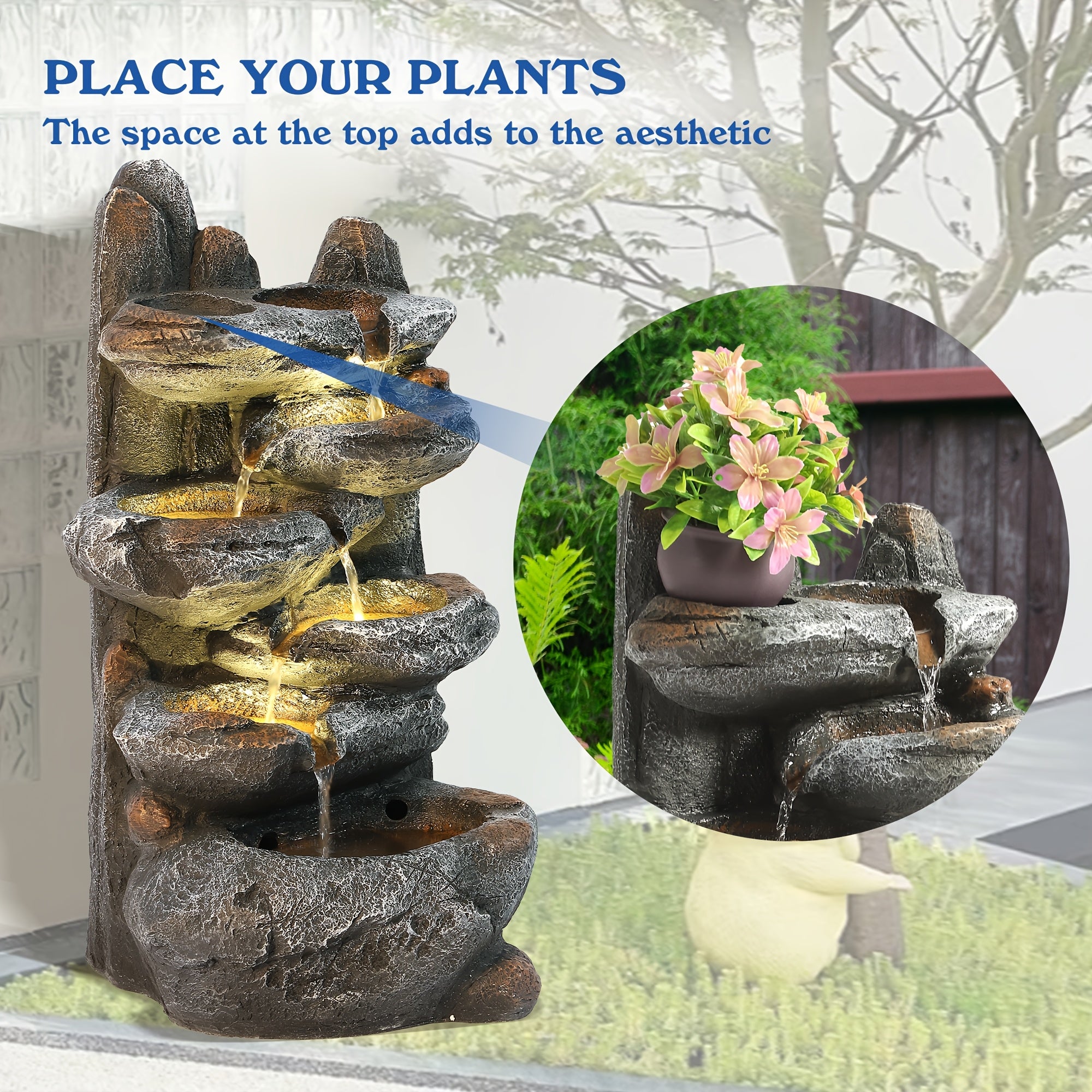 6-Tier Cascading Rockery IPX5 Outdoor Fountain, Garden Floor-Standing Stone Waterfall Fountains with Pump Rocky Peak Decor, Soothing Tranquility Water Fountain for Home Garden Yard, 26" H