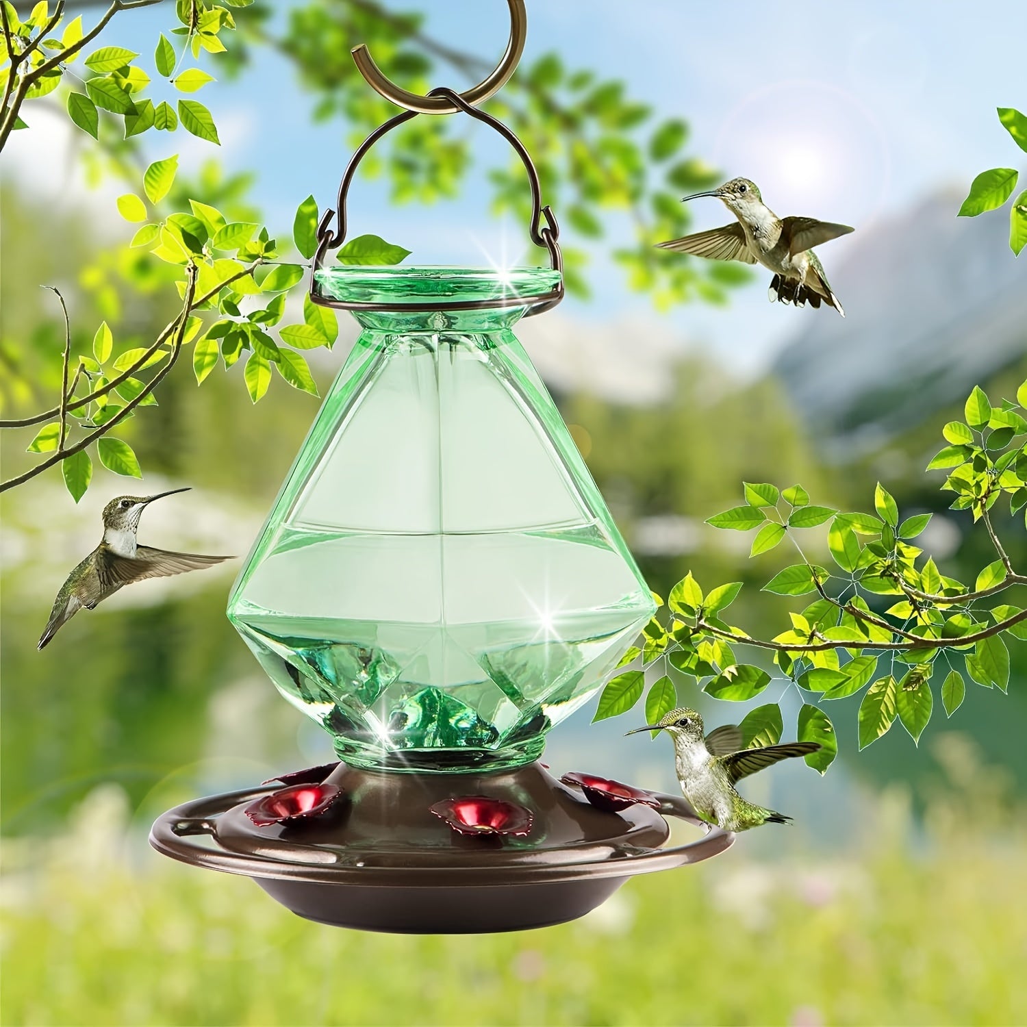 Hummingbird Feeder, Green Glass Hummingbird Feeders for Outdoors Hanging, 5 Simulation Flowers Feeding Ports, 23 Ounces, Rustproof, Leakproof, Geometric Line Shapes
