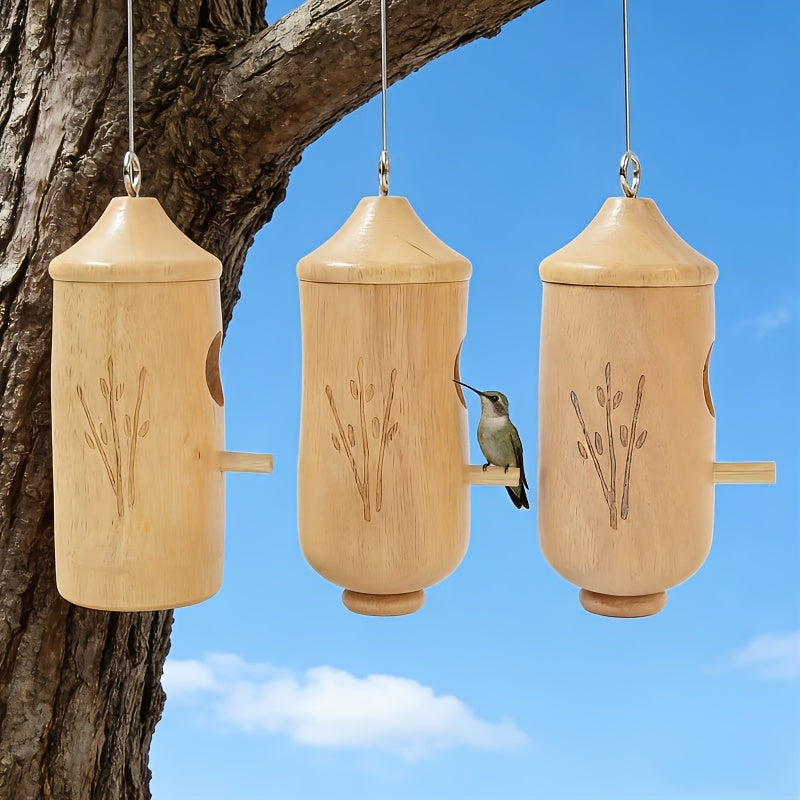 3pcs Natural Wood Hummingbird House & Bird Feeder - Rustic Outdoor Garden Nest Suitable for Hanging, Bird Shelter with Feeder, Wood for, Balcony, Garden Decor - Gift for Bird Lovers