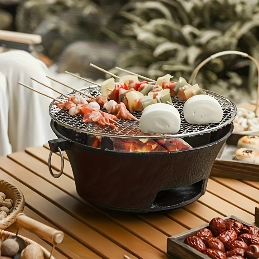 1pc Round Outdoor Cast Iron Durable Portable Grill, Charcoal BBQ Pizza Grill, Wooden Board with Stainless Steel Mesh Tray for Tea Cooking, BBQ Portable, Non-Flammable Suitable for Outdoor Camping, Family BBQ Cup