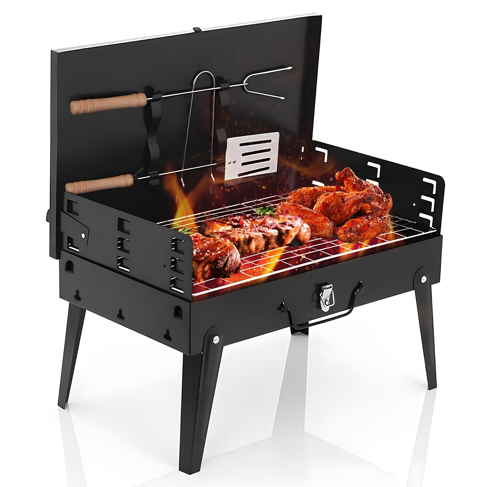 Portable BBQ Charcoal Grill - Compact Folding Cast Iron Grill Suitable for Wood/Charcoal/Pellet Fuel, Lightweight Outdoor & Barbecue Grill for Camping, Picnics, Tailgating, Beach, Backyard Parties - No Assembly Required, Cooking Area <400sqin