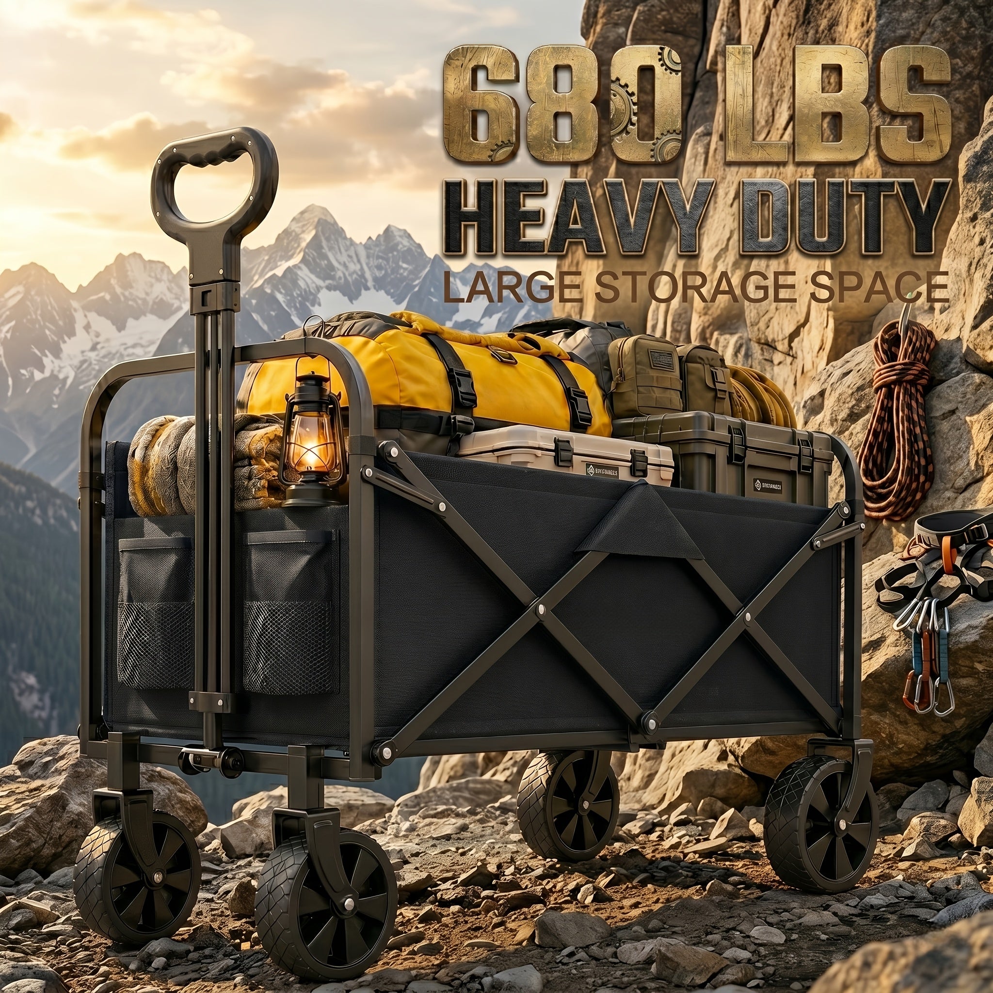 680Lbs/400Lbs/As Well As Lightweight Heavy Duty Folding Wagon Cart, All Terrain Collapsible Utility Wagon with Wheels, Large Capacity Folding Garden Cart for Camping, Shopping, Sports, Beach, Yard & Outdoor Use, Black Cart