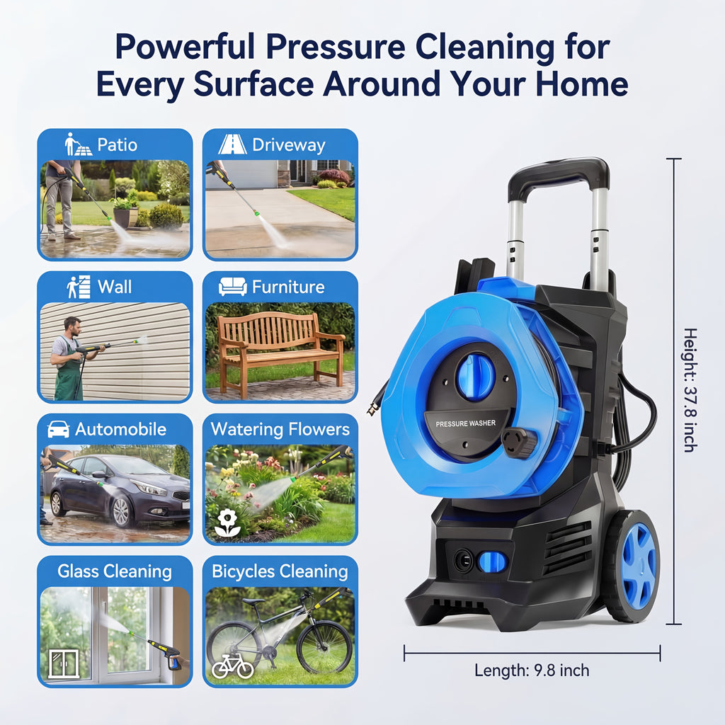 Electric Pressure Washer with 25FT Hose, 4 Nozzles And Foam Cannon - 4800PSI MAX 2.6 GPM Power Washer for Cars, Fences, Patio - US Plug, Metal Construction, Fence Cleaning | Robust Outdoor Tool, Pressure Washer Additions, Blue And Yellow
