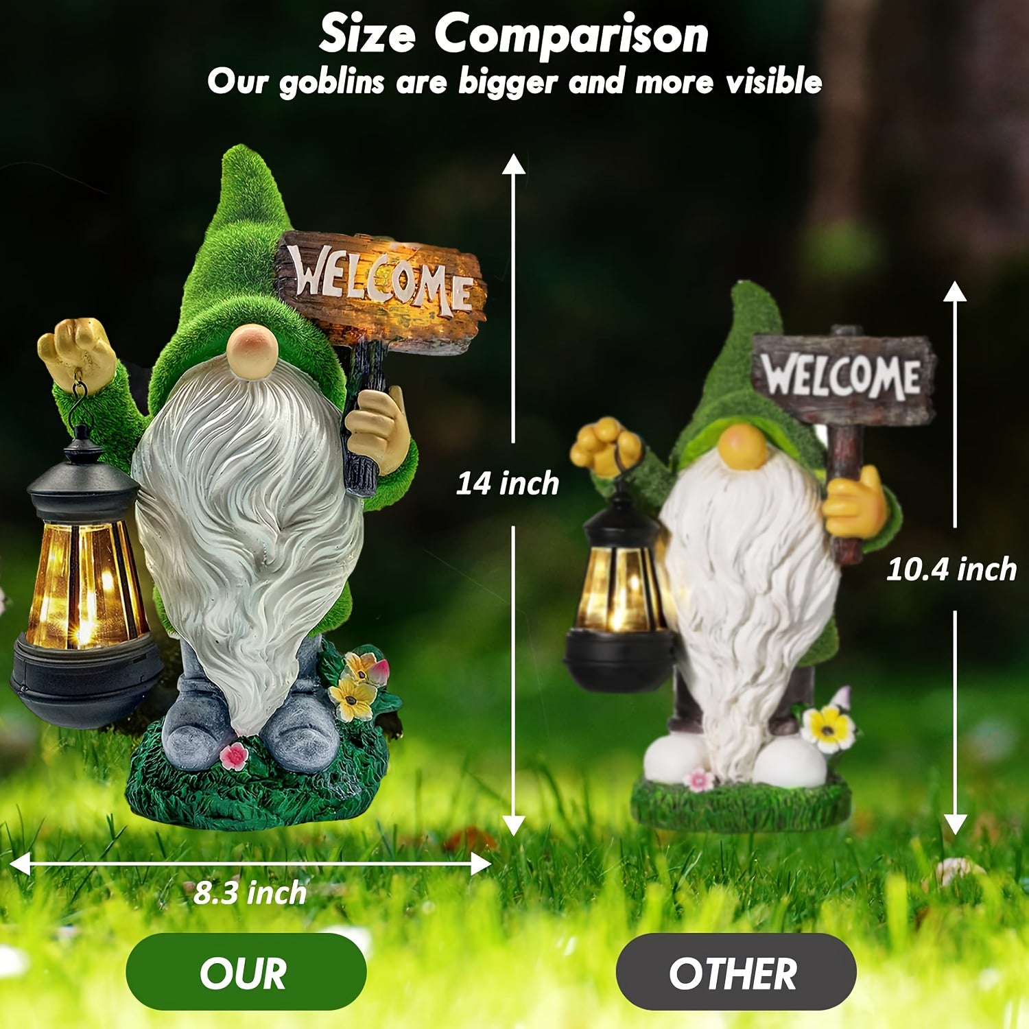 [Solar Gnome Decor] Large Flocked Resin Garden Gnome Statue | Outdoor Decor with Solar Light Holding Lantern Welcome Sign, Dwarf Sculpture for Yard, Patio, Porch, Lawn - Halloween & Christmas Decorations