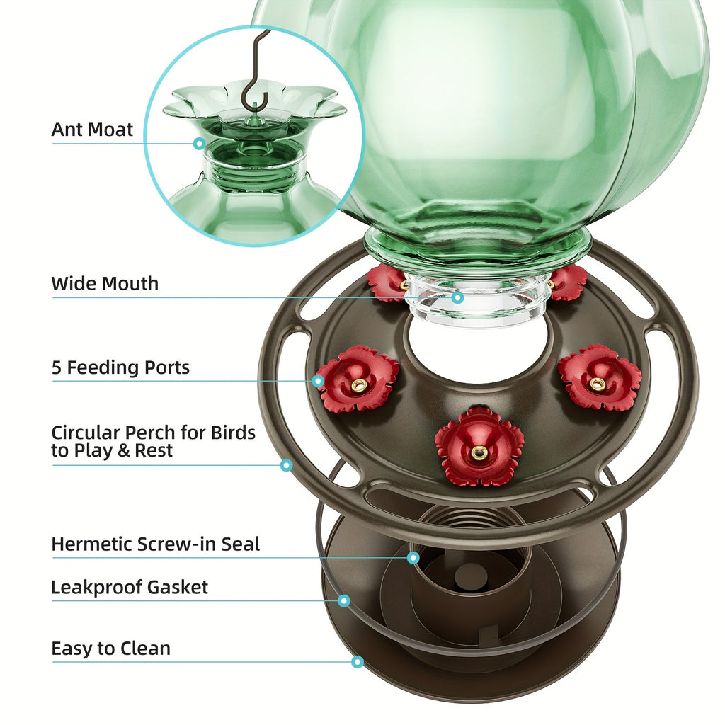 Auslar 16 Ounce Red Glass Hummingbird Feeder, Outdoor Hanging Barn Lantern Shape With 5 Flower Feeding Ports & Built-in Ant Moat, Rustproof & Leakproof - Garden Yard Decor Essential, Perfect Valentine'S Day & Mother'S Day Gift