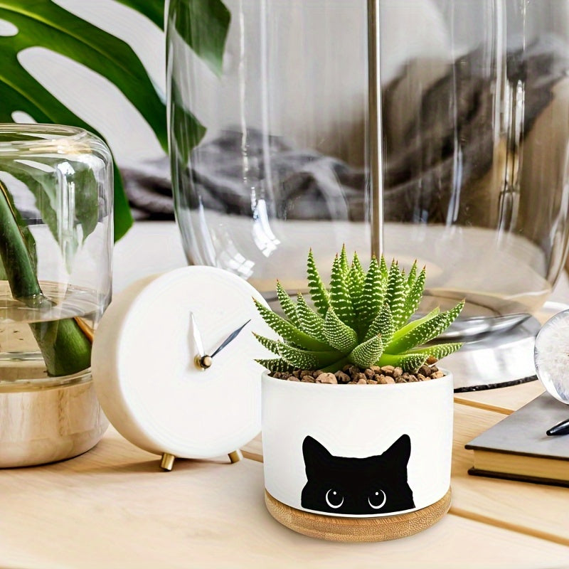 1pc, Black Cat Ceramic Flowerpot, Cute Succulent Plant Pot with Drainage, Cactus Flower Porcelain Container for Home and Office Decoration, Suitable for Plant Enthusiasts, Teachers, Friends, Colleagues, Flowerpot Gifts