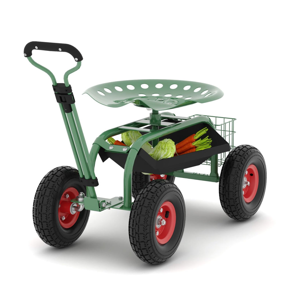 Heavy-Duty Rolling Garden Cart with 360-Degree Swivel Seat on Wheels, Adjustable Steering Handle, And Utility Tool Tray for Planting, Weeding, And Outdoor Gardening Tasks