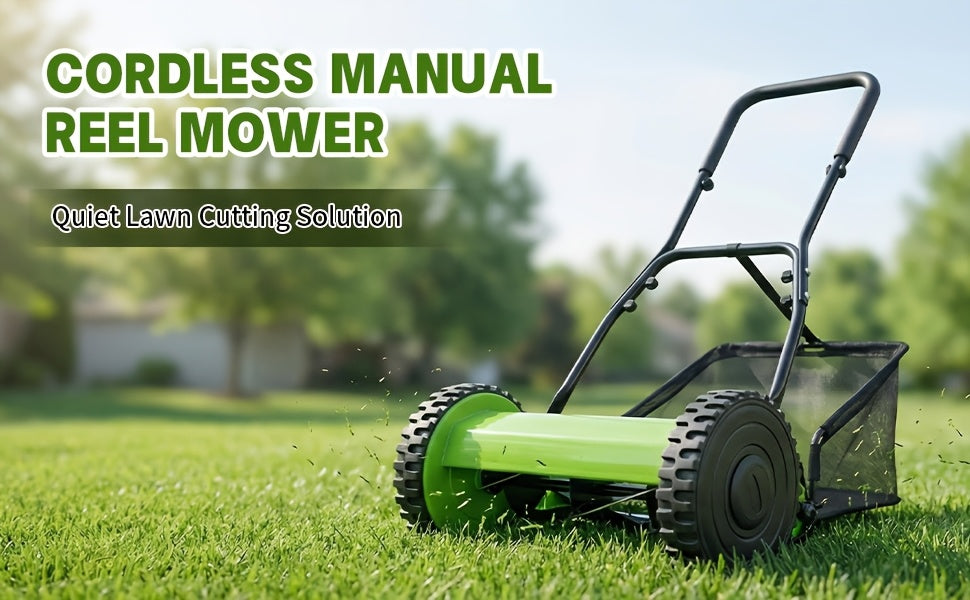 Durable Steel Construction, Precision-cut for Perfect Stripes, 12-inch 5-blade Manual Reel Push Mower, High-strength Steel Blades, Grass Catcher, Ergonomic U-shaped Handle, Dual-wheel Design. No Electricity Required, Suitable for Residential