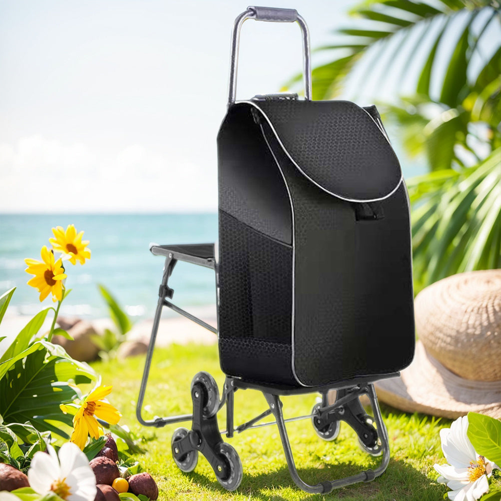 Climbing Stairs Luggage Cart Trolley with Waterproof Bag & Chair Folding Grocery Shopping Trolley Portable Folding Cart with Climbing Stair Wheels for Effortless Grocery Transport