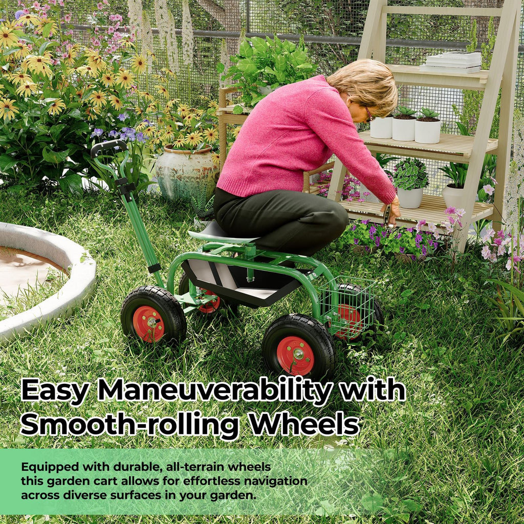 Heavy-Duty Rolling Garden Cart with 360-Degree Swivel Seat on Wheels, Adjustable Steering Handle, And Utility Tool Tray for Planting, Weeding, And Outdoor Gardening Tasks