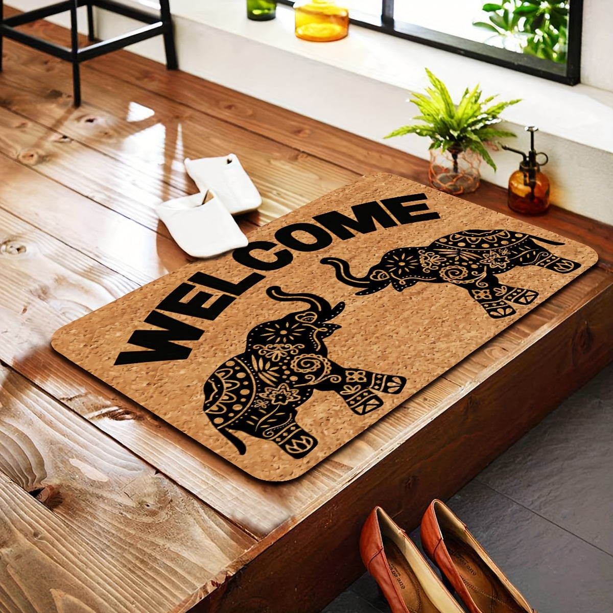 Bohemian Style Elephant Welcome Doormat | Personalized Monogram Kitchen Rug With Anti-Slip Rubber Back, Novelty Gift Mat, 23.7 X 15.9 Inches