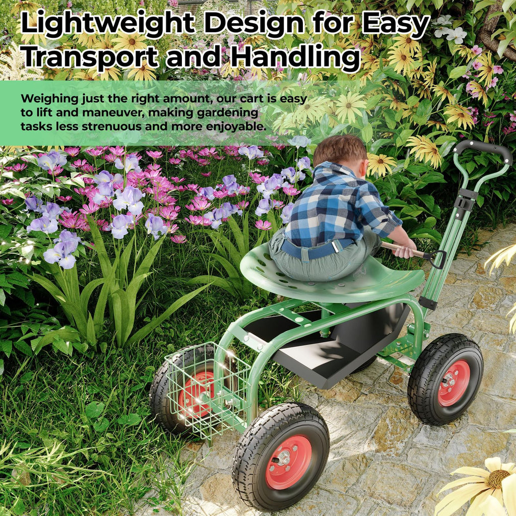 Heavy-Duty Rolling Garden Cart with 360-Degree Swivel Seat on Wheels, Adjustable Steering Handle, And Utility Tool Tray for Planting, Weeding, And Outdoor Gardening Tasks