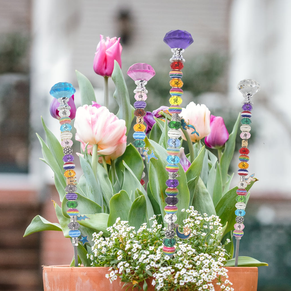 129pcs Garden Stakes Decorative Beaded Garden Stakes with Crystal Stopper Top Round Glass Bead Silver Bail Bead with Pendant Silver Bead for Outdoor Decoration