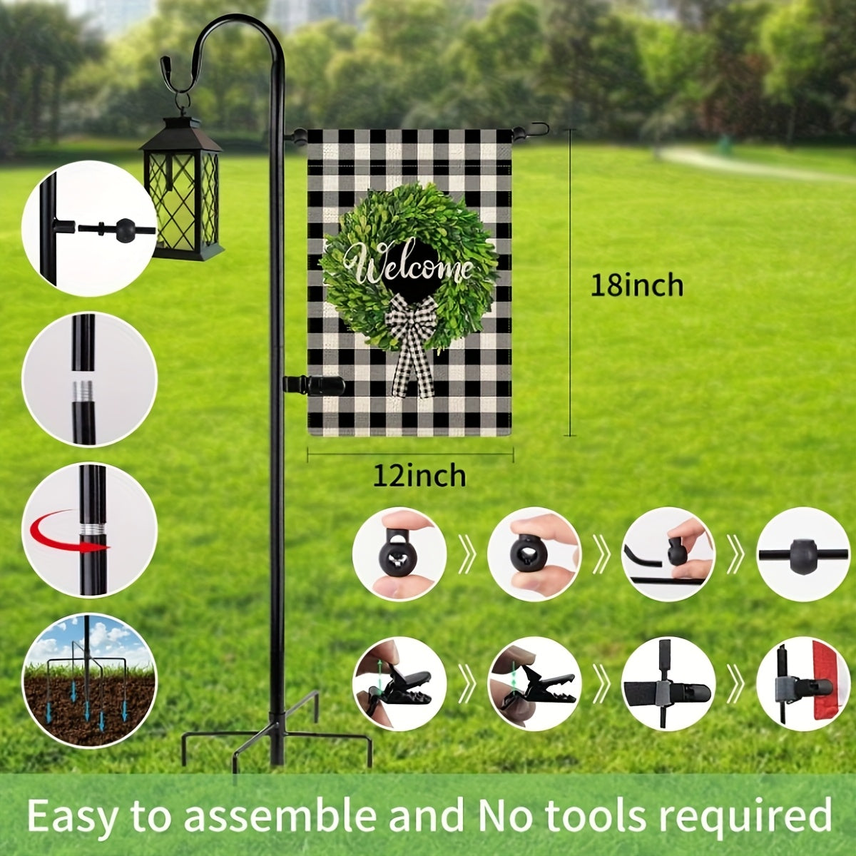 Garden Flag Holder Stand And Shepherds Hooks, 48 Inch Height with 1/2 Thick Metal Pole-Outdoor Lawn Yard Stake for Small, Garden Flag Stand for Outside, Garden Flag Pole Clips, Garden Flag Pole, Garden Decoration, Outdoor Decor, Sturdy Design