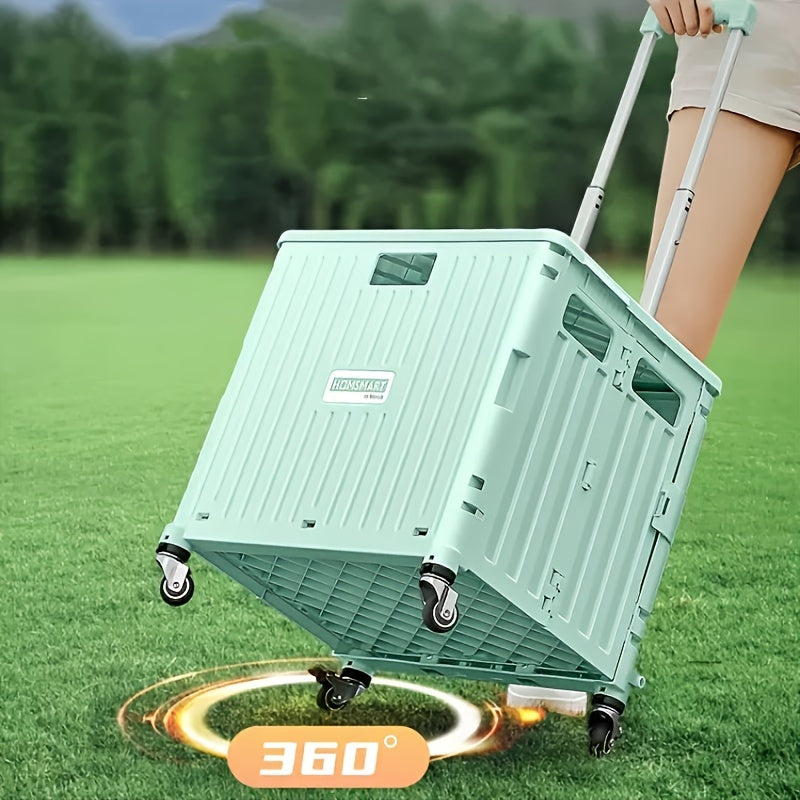 1pc Folded Portable Lightweight Cart 65L/14.7Gal, Collapsible Trolley, Portable Small Trailer, Removable Plastic Travel Storage Box, Outdoor Trolley with 4 Universal Wheels And Cover, Mobile Storage Box for Camping, Shopping, Picnics