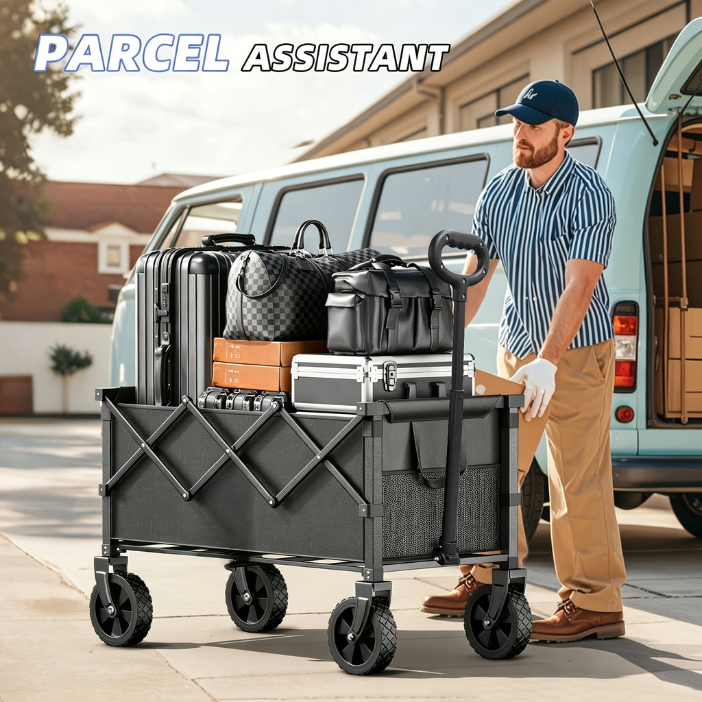 Heavy Duty Folding Garden Cart 350LBS 550LBS 650LBS Weight Capacity Multi Purpose Utility Wagon with Full Portable Tires and Transport Rack for Beach Garden Camping Shopping Sports
