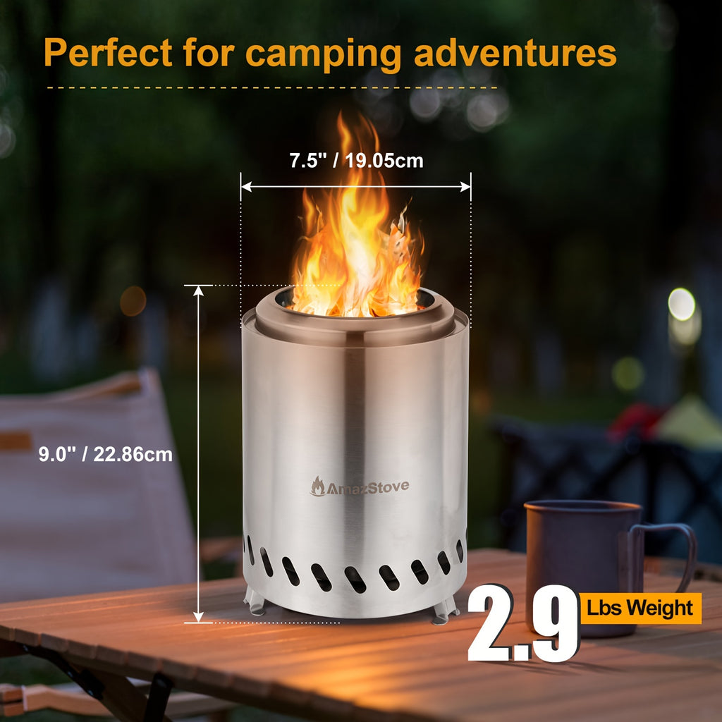 9.7 X 7 Inch Large Tabletop Fire Pit, Low Smoke Camping Stove for Outdoor & Patio, Fueled By Pellets Or Wood, Safe Burning Table Top Firepit, with Travel Bag & 2 Mini Sticks, Silvery