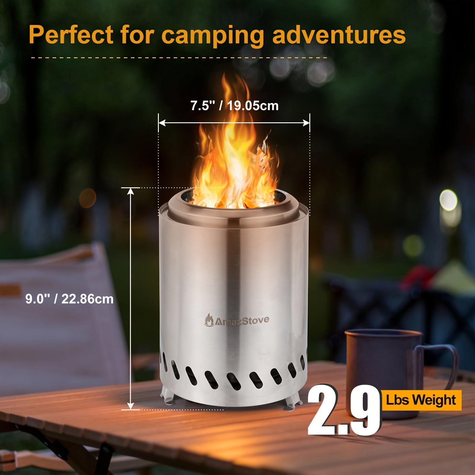 9.7 X 7 Inch Large Tabletop Fire Pit, Low Smoke Camping Stove for Outdoor & Patio, Fueled By Pellets Or Wood, Safe Burning Table Top Firepit, with Travel Bag & 2 Mini Sticks, Silvery