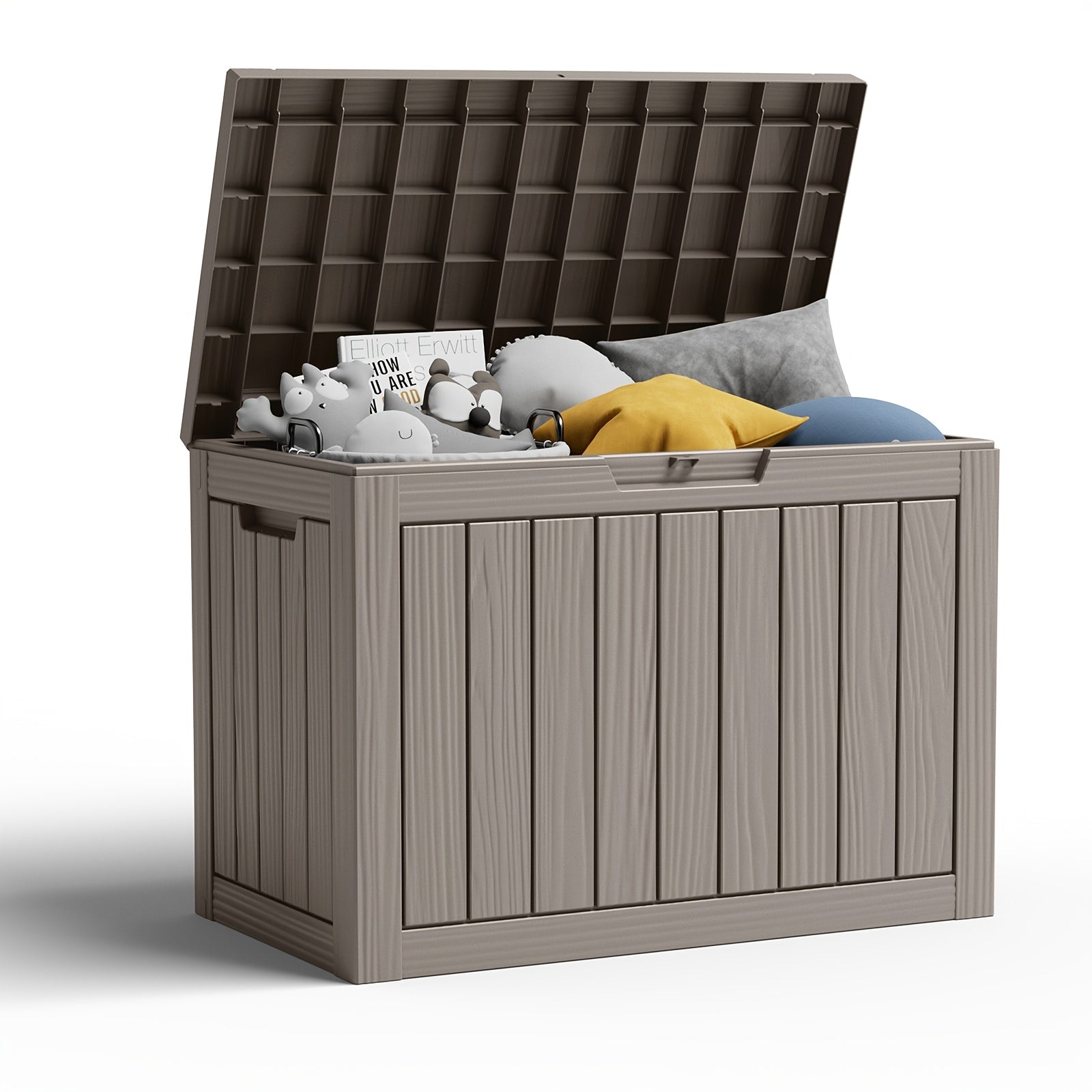46 Gallon Deck Box WOOD GRAIN Outdoor Storage Box, Weatherproof and UV Resistant, Resin Package & Storage with Lockable Lid for Furniture Cushions, Pool Accessories, Garden Tools – Perfect Holiday gift for Halloween, Christmas, Thanksgiving, Box