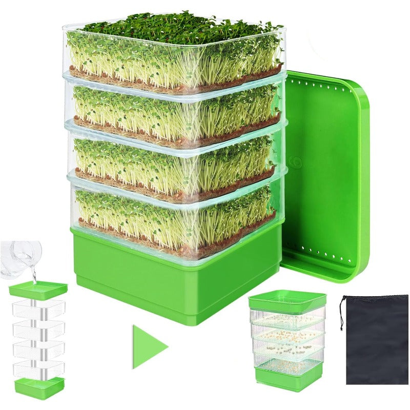 4-Tier 6.3*6.3inch Seed Sprouting Kit with Drain Holes And Drain Tray, Upgrade Stackable Microgreens Bean Seed Sprouter Tray Ripple Soil-Free Sprouter Tray for Beans Alfalfa Wheatgrass Seeds Storage Cat Grass Cultivation