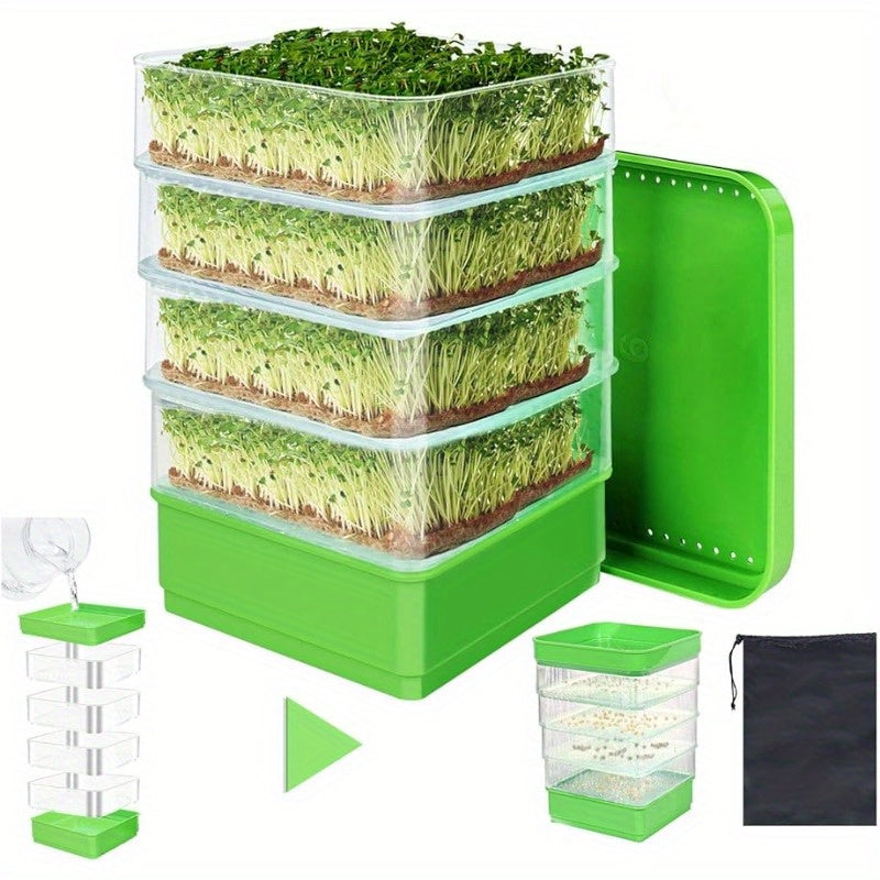 4-Tier 6.3*6.3inch Seed Sprouting Kit with Drain Holes And Drain Tray, Upgrade Stackable Microgreens Bean Seed Sprouter Tray Ripple Soil-Free Sprouter Tray for Beans Alfalfa Wheatgrass Seeds Storage Cat Grass Cultivation