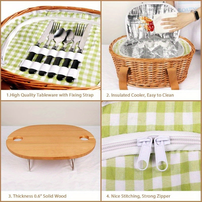 [100% Handwoven]Wicker Picnic Basket Set for 2/4 with Mini Folding Wine Picnic Table & Large Insulated Cooler Bag & Cutlery Service Kits for 2/4 Person, Couples Gifts, Wedding Gifts, Christmas Gift Non-Food Direct Contact