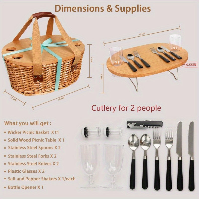 [100% Handwoven]Wicker Picnic Basket Set for 2/4 with Mini Folding Wine Picnic Table & Large Insulated Cooler Bag & Cutlery Service Kits for 2/4 Person, Couples Gifts, Wedding Gifts, Christmas Gift Non-Food Direct Contact