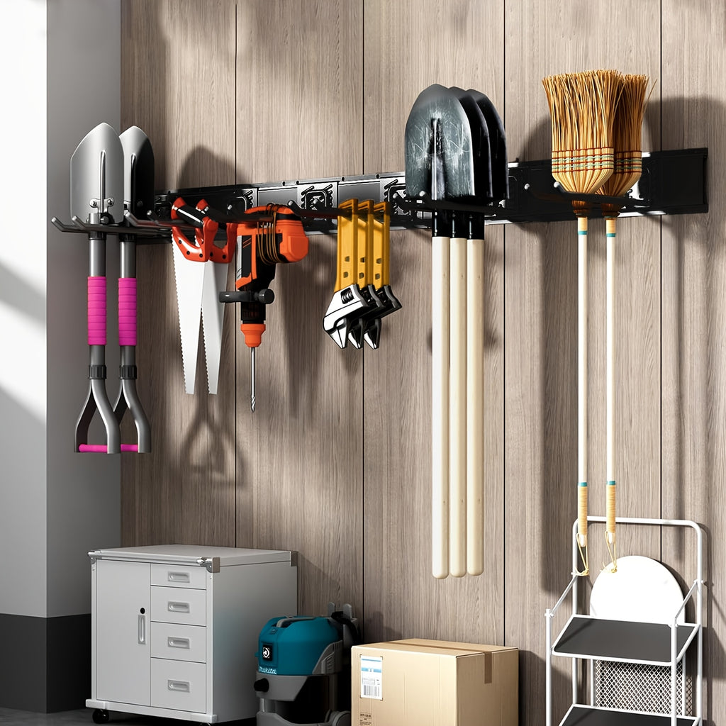 Wall-Mounted Organizer for Garage Tools, a System for Holding Garden Tools with 4 Rails Measuring 64 Inches And 10 Heavy-Duty Adjustable Hooks for Hanging And Storage, Capable of Supporting Up to 500 Pounds