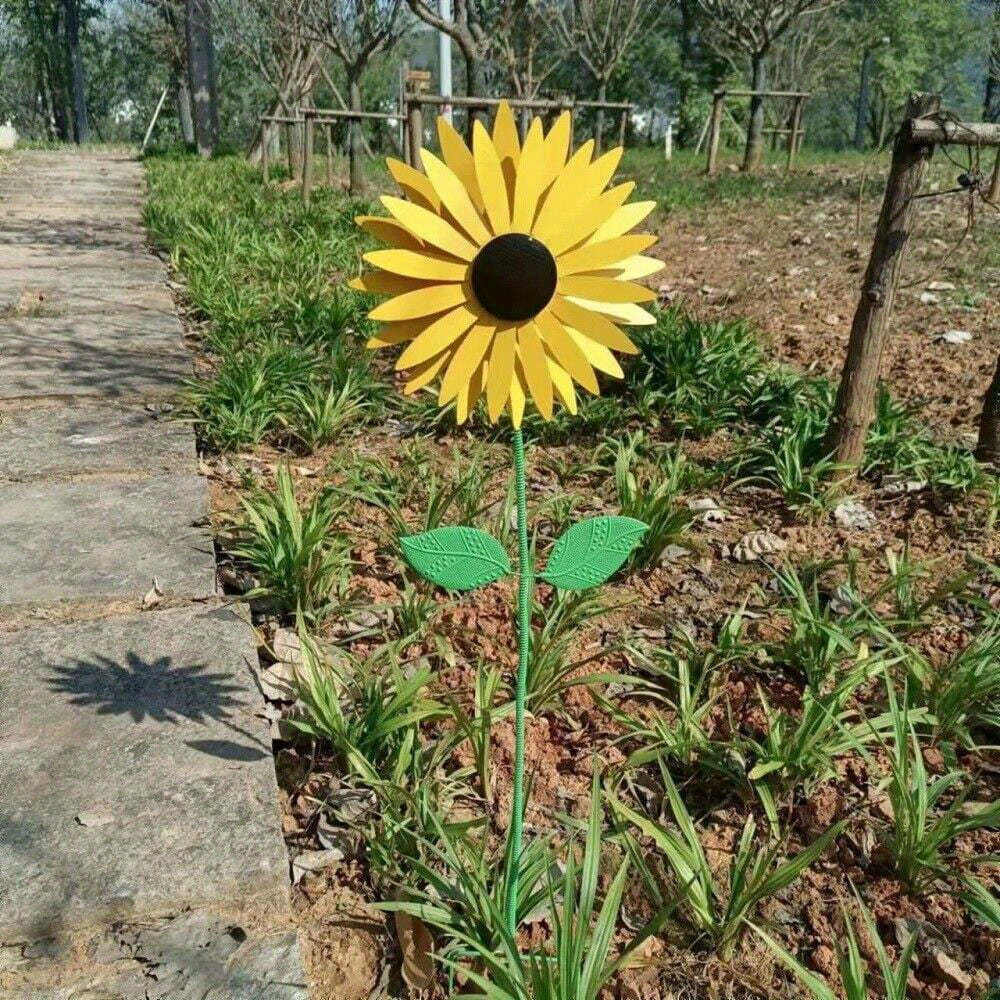 3D Metal Yellow Sunflower Windmill Sculpture Outdoor Garden Lawn Decoration