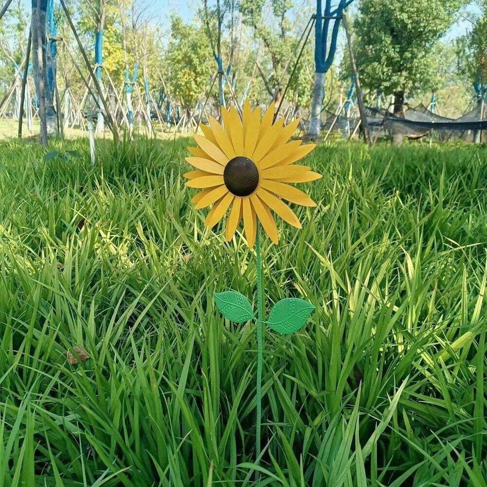 3D Metal Yellow Sunflower Windmill Sculpture Outdoor Garden Lawn Decoration