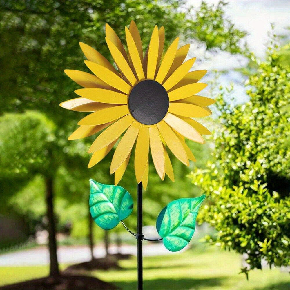 3D Metal Yellow Sunflower Windmill Sculpture Outdoor Garden Lawn Decoration